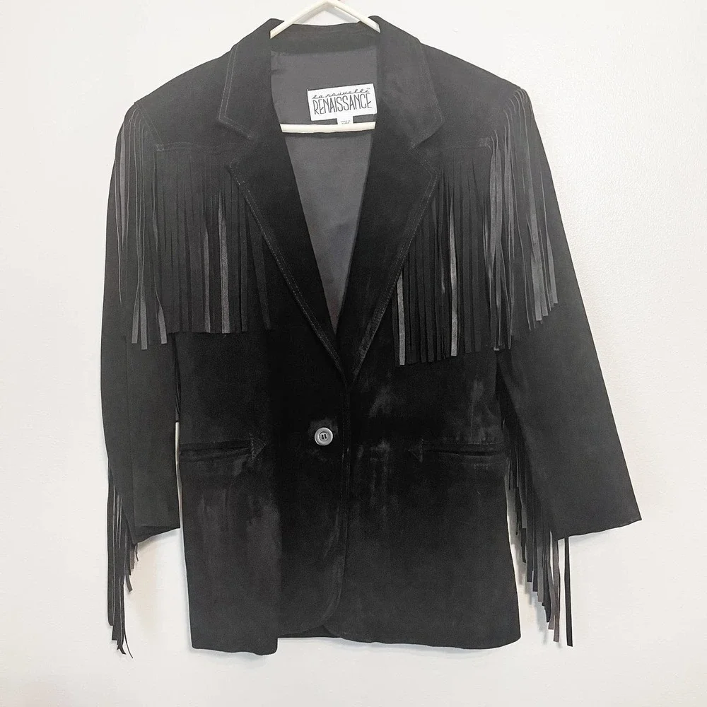 Vintage RENAISSANCE Western Fringe Black Leather / Suede Jacket Women's Size S